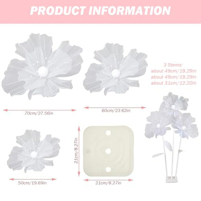 Giant Flower Decorations, 1 Set Large Gauze Flowers Wedding Decor with 3 Flower Heads & Stand, Wedding Party Banquet Background, Photographic Props, Shop Window Display (White), Standard