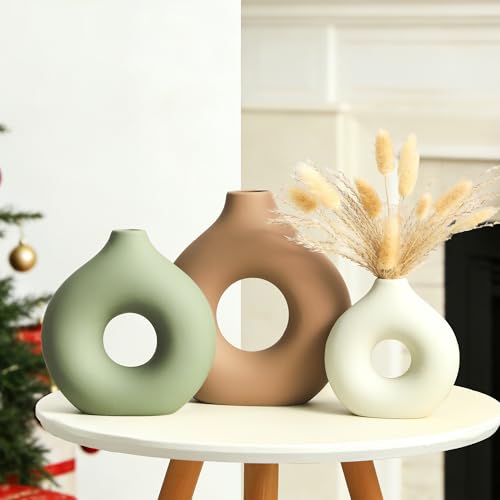 Vanselia Ceramic Vase Home Table Decor - Flower Vases Set of 3 Small Living Room Centerpiece Decorations for Shelf Bedroom Office Kitchen Dining Desk Modern Aesthetic Farmhouse Decorative (Brown) - color: Brown