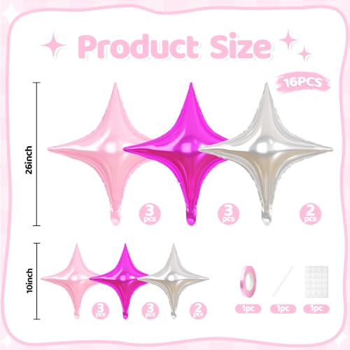 Pink Silver Star Balloons, 16 PCS Silver Four Angle Star Foil Balloons, 26 Inch and 10 Inch Pink Stars Shaped Balloon for Graduation Birthday Baby Shower Anniversary Engagement Party Decorations - color: Hot Pink Silver