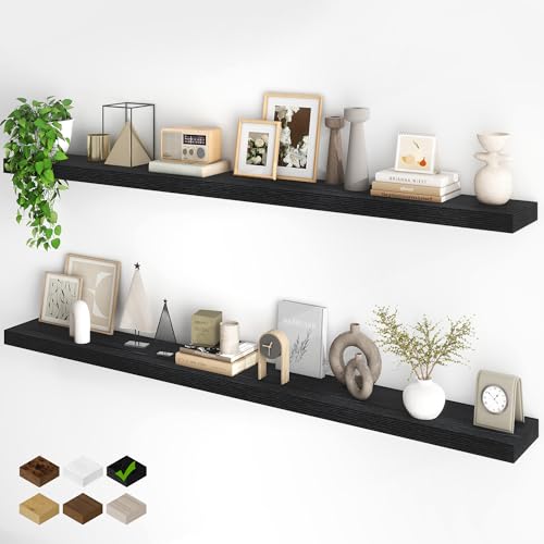 Fun Memories 72Inch Floating Shelves,Wall Mounted Rustic Wood Floating Shelf with Invisible Brackets for Storage & Decor,2 Pack Shelves for Bathroom,Bedroom and Kitchen,Black - color: Black, size: 72"W x 6.5"D
