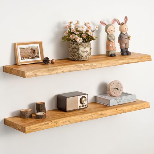 Floating Shelves Set of 2, Solid Elm Wood Wall Shelves 36 Inch - Invisible Bracket Mount for Living Room, Bedroom, Kitchen, Bathroom - Natural - color: Clear Natural, size: 36"L, 2-Pack