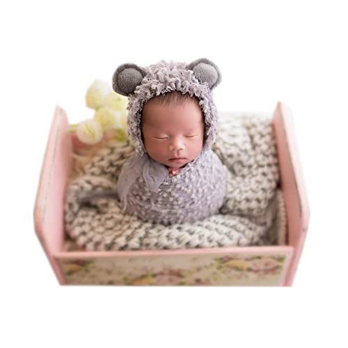 Newborn Baby Photography Props Outfits Photoshoot Photos Hat Long Ripple Wrap Set for Boys Girls Photography - color: Gray