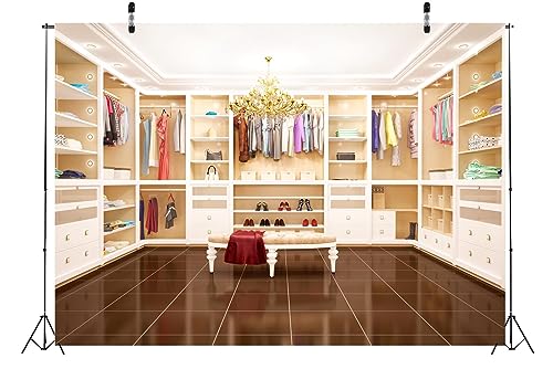 BELECO 5x3ft Fabric Luxury Cloakroom Backdrop Modern Apartment Interior Dressing Room White Wardrobe Closet Chandelier Background for Video Conference Zoom Meetings Home Office Photo Studio Props
