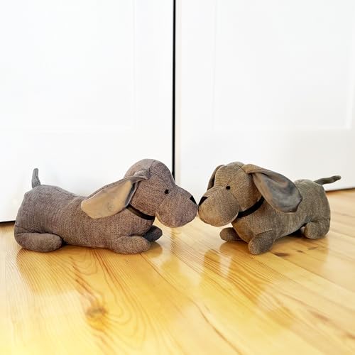 WHW Whole House Worlds Weighted Puppy Dog Door Stoppers, Set of 2, Floppy Ears, Brown Grey, Black Noses, Long Daschund Tummies, Tails Up, Chenille Polyester, 15 Inches - color: Puppy Dog Door Stoppers, Set of 2,