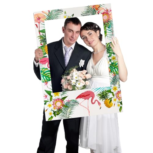Relaxweex 13 Pcs Luau Photo Booth Props Hawaiian Party Decorations, 12 Pairs Beach Themed Funny Summer Glasses, 1 PC Summer Photo Frame, Tropical Party Supplies Favors(Flamingo Frame) - style: Flamingo Frame