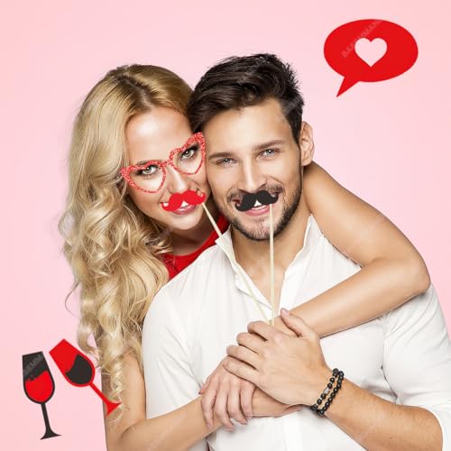 30Pcs Valentine's Day Photo Booth Props Happy Lovers Selfie Props Funny Red Heart Lip Glasses Beard Hat Wine Glass Photobooth Props for Photography for Wedding Party Photoshoot Decorations