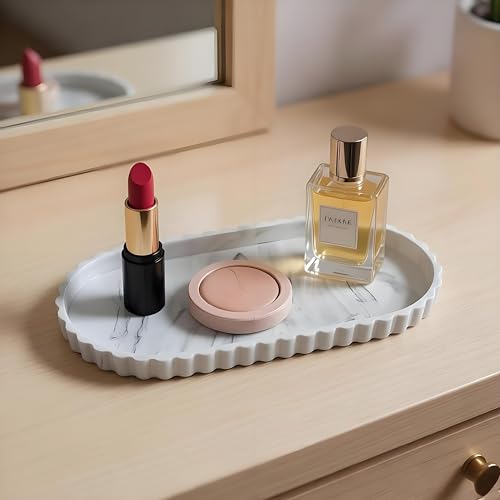 Silicone Vanity Tray Organizer 12"x5.3" White Marble Lace Edge for Countertop Catchall for Perfume Candles Jewelry Dish Perfume Trays for Vanity Bathroom Decorative Tray for Kitchen Counter - color: Marble White