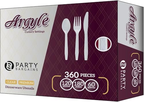 PARTY BARGAINS Argyle White Plastic Cutlery Set 360-Piece – 180 Forks, 120 Spoons, 60 Knives – Heavy-Duty Disposable Utensils for Parties, Weddings, Buffets, BBQs & Catering – BPA Free - color: Argyle White, size: 360 Pieces