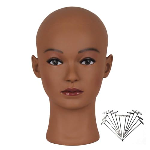 HAIRWAY Mannequin Head Bald Female Professional Cosmetology Training Head Bald Manikin Doll Head with Free T-pins Wigs Head Stand for Display(Dark Brown 21.5 Inch) - color: Female Bald Head 21.5“ Dark Brown
