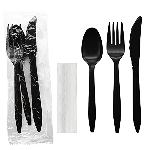 Party Essentials Individually Wrapped Plastic Cutlery Packets/Silverware Kits, Black Fork/Spoon/Knife/Napkin, 50 Sets - color: Black Fork/ Spoon/ Knife/ Napkin, size: 50 Sets