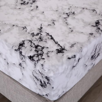 MAG Marble Bed Sheet, 4PC Black White and Gray, Queen Size Modern Pattern Printed Bedding Sheet Set with 1 Top Flat & 1 Fitted Sheet with 2 Pillowcases, 14” Deep - color: White-marble, size: Queen
