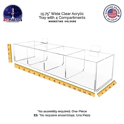 Slatwall Acrylic Retail Tray Four Compartment 15.75" Wide x 4.75" Deep Dump Bin Clear Product Merchandise Storage Caddy for Businesses by Marketing Holders - size: 4 Sections