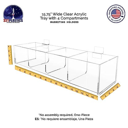 Slatwall Acrylic Retail Tray Four Compartment 15.75" Wide x 4.75" Deep Dump Bin Clear Product Merchandise Storage Caddy for Businesses by Marketing Holders - size: 4 Sections