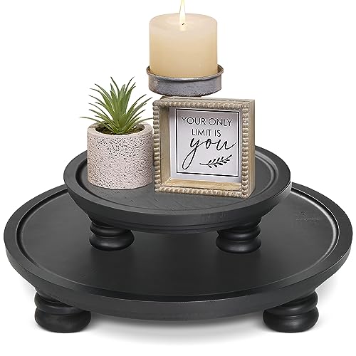 2 Pcs Wooden Risers for Display, Round Wood Tray Decor, Farmhouse Pedestal Stand for Indoor, Rustic Decorative Display Stand for Kitchen Counter Decor, Decorative Cake Holder Plate
