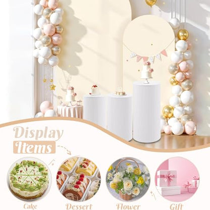 Metal Pleated Cylinder Pedestal Stands for Party, 3 Pieces Heavy Duty Round Cake Pedestal Stand Display Plinth Pillars Art Decor for Wedding Ceremony Birthday Party（Medium, White） - size: Xl:29.72"x14.17", L:23.82"x12.6", M:21.85"x11.02"