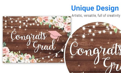 Funnytree 82" x 59" Congrats Grad Backdrop Flower Wood Board Class of 2026 Graduation Background College Prom Party Event Decor Banner Portrait Photobooth Cake Table Selfie Prop Studio Photography - size: 82 x 59 in