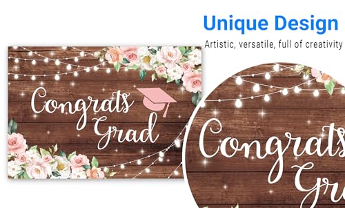 Funnytree 82" x 59" Congrats Grad Backdrop Flower Wood Board Class of 2026 Graduation Background College Prom Party Event Decor Banner Portrait Photobooth Cake Table Selfie Prop Studio Photography - size: 82 x 59 in