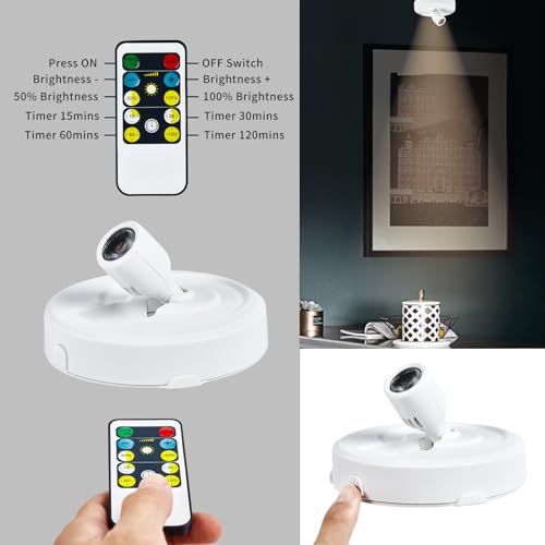 2-Pack LED Spot Light Indoor, Battery Operated Led Stick Up Lights with Remote, Wireless Spotlight Dimmable Puck Lights for Lighting up Paintings Pictures Accent Closet - color: White, size: 2 Pack
