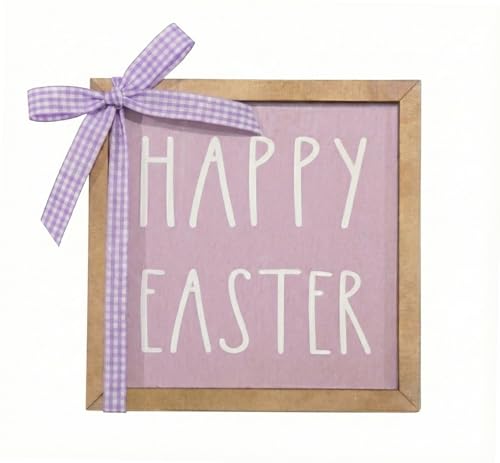 Happy Easter Wood Plaque 6x6 Inch - Purple Square Leaner Sign for Tiered Tray Decor - Lightweight Thin Wooden Prop with Gingham Ribbon Bow for Shelf Styling, Spring Basket Filler (No Stand)
