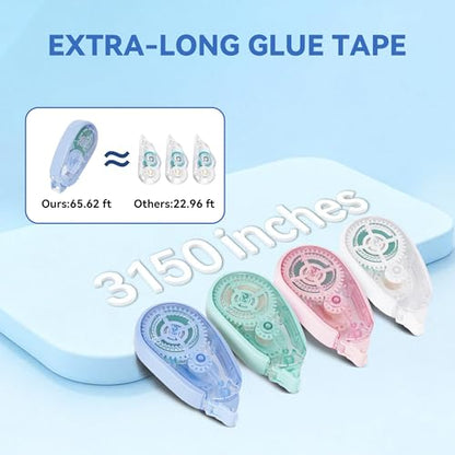65.62 ft Extra-Long Glue Tape, 0.31 in Visible Scrapbook Tape, 4-Pack, Photo-Safe Acid-Free Drop-Proof Double Sided Tape for Crafts, Scrapbook Supplies, Junk Journal Supplies (Multicolor)