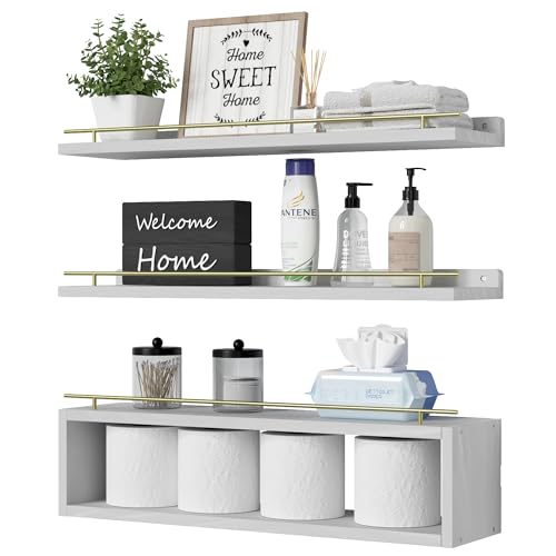 WOPITUES Floating Shelves for Wall 24 inch with Cube Shelf, Wall Shelves with Metal Rail for Decor, Bathroom Organizers and Storage, Over Toilet Shelves for Bathroom, Toilet Paper-White&Gold - color: Gold & White, size: 23.6 inch