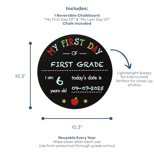 Kate & Milo First and Last Day of School Chalkboard Sign, Reversible Round Back to School Photo Prop with Chalk, Kids Milestone Board - style: Round School Days Chalkboard