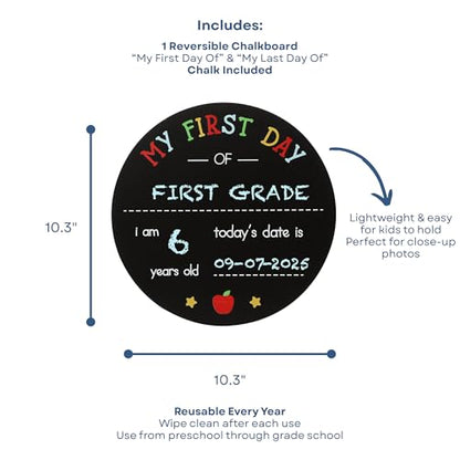 Kate & Milo First and Last Day of School Chalkboard Sign, Reversible Round Back to School Photo Prop with Chalk, Kids Milestone Board - style: Round School Days Chalkboard