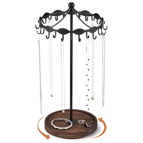 Lolalet Rotating Necklace Holder Stand with Metal Hooks, Spinning Display Carousels, Freestanding Organizer Hanger, for Long Necklaces Chains -Black - color: Black