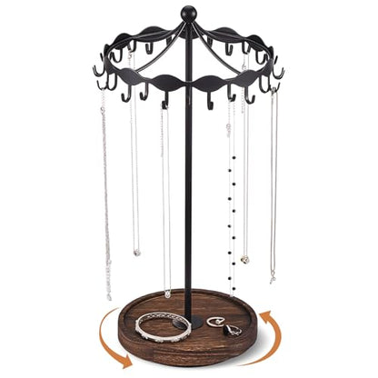 Lolalet Rotating Necklace Holder Stand with Metal Hooks, Spinning Display Carousels, Freestanding Organizer Hanger, for Long Necklaces Chains -Black - color: Black