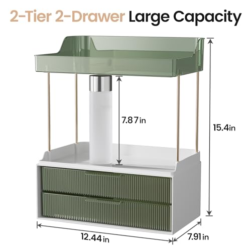 Delamu Bathroom Organizers and Storage, 2 Tier 2 Drawer Makeup Organizer Countertop, Easy to Install, Ideal for Bathroom Counter, Vanity, Ideal for Women Girls, Green - color: Green, size: 2Drawers 1 Pack