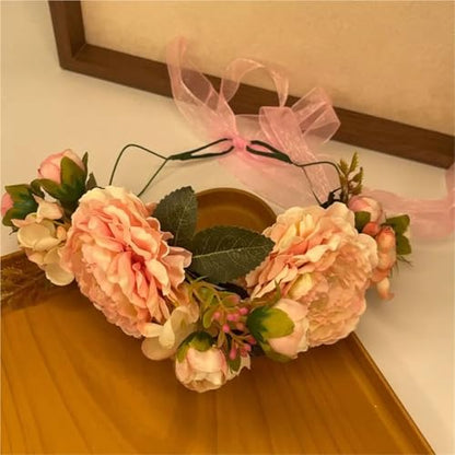 Colorful Rose Flower Crown Wreath Festival Wedding Flower Crown Photo Props Rose Green Leaf Floral Headpiece Hair Wreath Spring(PEACOCK BLUE) - color: PEACOCK BLUE
