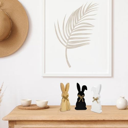 Easter Wooden Bunny Decor Set of 3 Rustic Farmhouse Spring Rabbit Table Decorations Wood Block Figurines Tiered Tray Shelf Mantel Display