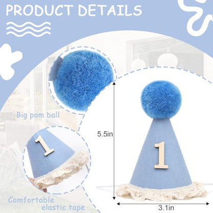 WAOUH Boho 1st Birthday Crown - Unisex Adjustable Baby Hat with Pom Topper, Felt Party Decoration & Photo Props - color: Light Blue