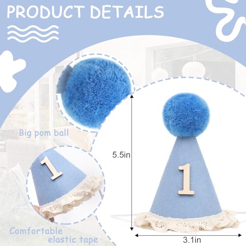 WAOUH Boho 1st Birthday Crown - Unisex Adjustable Baby Hat with Pom Topper, Felt Party Decoration & Photo Props - color: Light Blue
