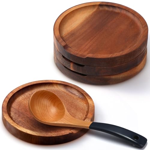 Honeydak 4 Pcs Acacia Wood Spoon Rest for Stovetop Handmade Smooth Wooden Kitchen Spoon Holder for Ladles Tong Cooking Accessories Housewarming Gifts (Classic Style) - style: Classic Style