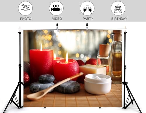 6x6ft Red Spa with Candles and Skincare Products Backdrop Festive Relaxing Photography Background for Holiday Event Birthday Party Decorations Banner Photo Booth Props - size: 6x6ft