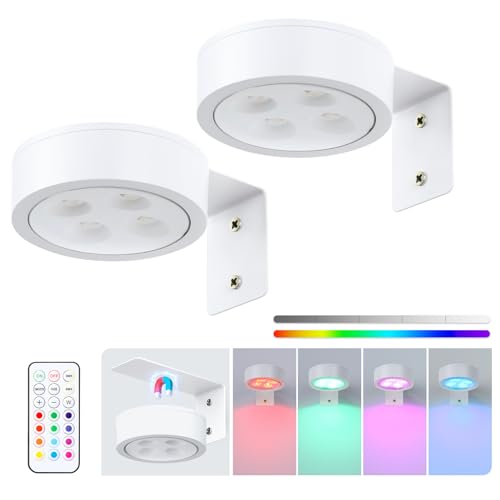 2Pcs Picture Lights for Wall, 13 Color RGB Magnetic Led Art Display Light for Picture Frame, Wireless Battery Operated Painting Light with Remote Control, Party Home Wall Decor Puck Lights, White - color: White RGB 2 Pack