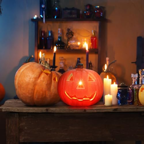 Housoutil Hollow Out Jack-o-Lantern Orange Decor Outdoor Plant LED Lanterns Halloween Pumpkin Table Light Artificial Glowing Pumpkins LED Halloween Pumpkin Light Plastic Orange Party Decor