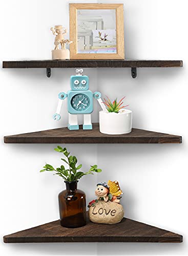 Joiishom Corner Wall Shelf Set of 3, Floating Corner Shelves, Rustic Wood Wall Storage Display Shelves for Living Room, Bedroom, Bathroom, Kitchen (Dark Brown) - color: Dark Brown