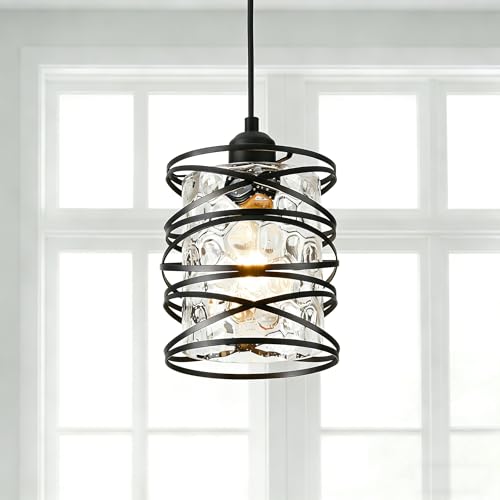 Hammered Glass Pendant Light, Black Metal Spiral Cage Hanging Lamp, Adjustable Height Modern Hanging Light Fixture for Kitchen Island, Dining Room, Living Room, Hallway, Entryway - color: 1-Pack Hammered Glass 6.30in