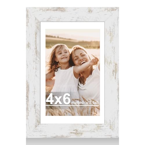Hongkee 4x6 Picture Frame with Glass, Display Pictures 3.5x5 with Mat or 4 x 6 without Mat - Wall and Tabletop, 4 by 6 Photo Wooden Frames (Distressed White, 1 Pack) - color: Distressed White, size: 4X6 in