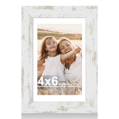 Hongkee 4x6 Picture Frame with Glass, Display Pictures 3.5x5 with Mat or 4 x 6 without Mat - Wall and Tabletop, 4 by 6 Photo Wooden Frames (Distressed White, 1 Pack) - color: Distressed White, size: 4X6 in