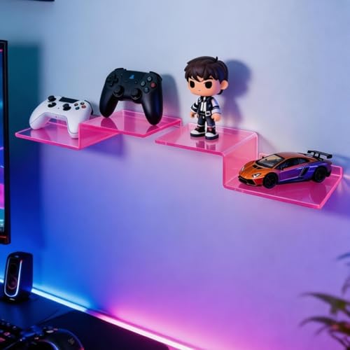 SetGame 2-Pack Acrylic Shelves Z-Shaped Display Stand Wall Mounted, 12 Inch Wall Storage Organizer for Toys, Books, Plants, Photos Album, Suit for Office, Living Room, Room Decor (Neon Pink) - color: Neon Pink