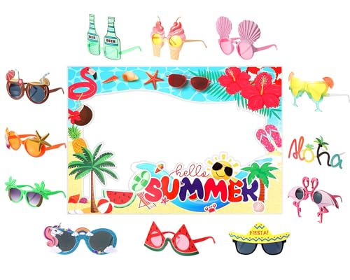 Relaxweex 13 Pcs Luau Photo Booth Props Hawaiian Party Decorations, 12 Pairs Beach Themed Funny Summer Glasses, 1 PC Summer Photo Frame, Tropical Party Supplies Favors (Beach Frame) - style: Beach Frame