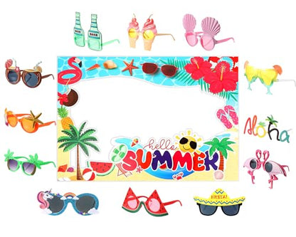 Relaxweex 13 Pcs Luau Photo Booth Props Hawaiian Party Decorations, 12 Pairs Beach Themed Funny Summer Glasses, 1 PC Summer Photo Frame, Tropical Party Supplies Favors (Beach Frame) - style: Beach Frame
