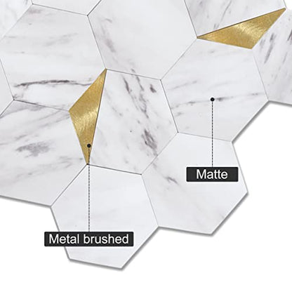 Peel and Stick Backsplash for Kitchen,New Upgrade Premium Hexagon Peel and Stick Backsplash, Seamless Backsplash Tile for Bathroom,（10-Sheet Carrara White Marble and Metal Gold） - color: Carrara White