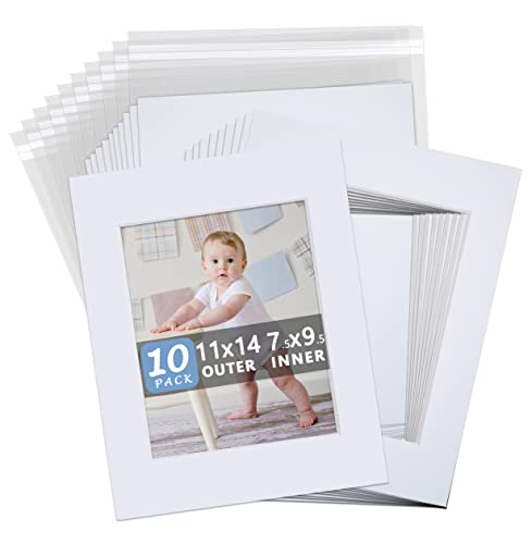 Somime 10 Pack White Photo Mats 11x14 for 8x10 with Core Bevel Cut Matte Sets, Acid Free Mat Board for Picture Frame, Photos, 11x14 Mat - Includes Pre-Cut Mats, Backing Boards and Clear Seal Bags - size: 11x14 10pack White Complete Set for 8x10