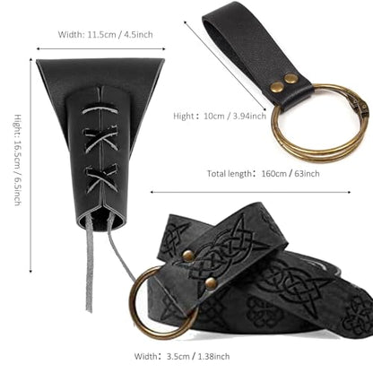 4PCS Medieval Leather Sword Frog Dagger Holder Belt Rapier Scabbard Viking Knight Renaissance Belt Pouch Halloween Costume - color: Pattern-black