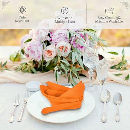 PLOYMONO Orange Heavy Duty Cloth Napkins - 17 x 17 Inch Solid Washable Polyester Dinner Napkins - Set of 8 Napkins with Hemmed Edges - Great for Parties, Fall Festival, Autumn, Halloween, Thanksgiving - color: Orange