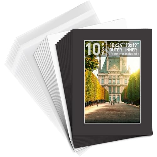 Golden State Art, Pack of 10, Pre-Cut 18x24 Black Picture Mat Kit for 13x19 Photo, 10 White Core Bevel Cut Mattes, 10 Backing Boards and 10 Clear Bags - color: Black, size: 18x24 for 13x19 (10 Pack)
